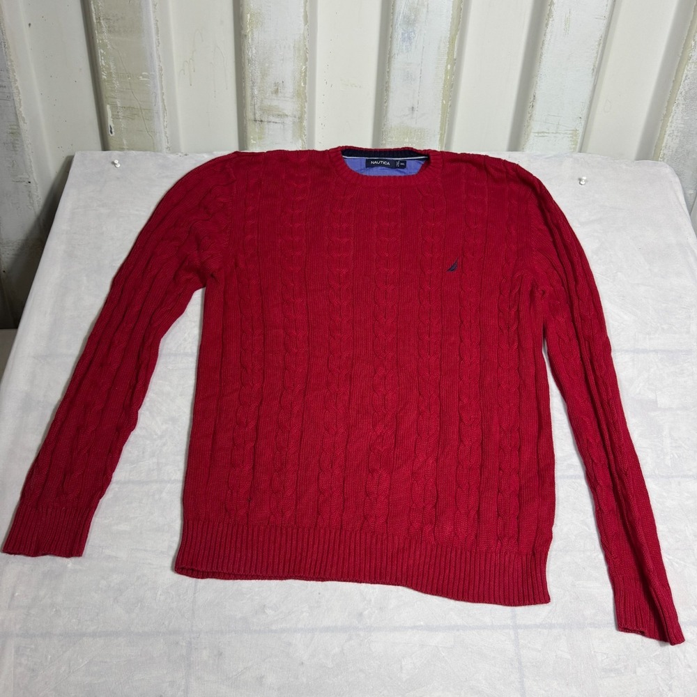 Nautica Mens Pullover Sweater Red Cable Knit Logo Crew Neck Long Sleeve Size 2XL
